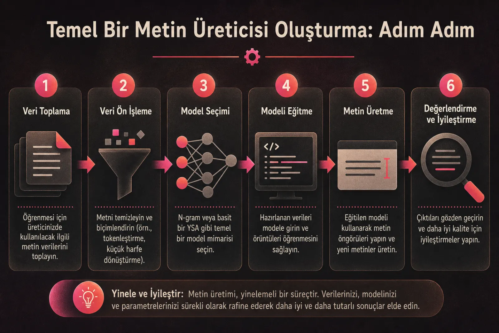 Makine öğrenimi metin oluşturucu temel adımları