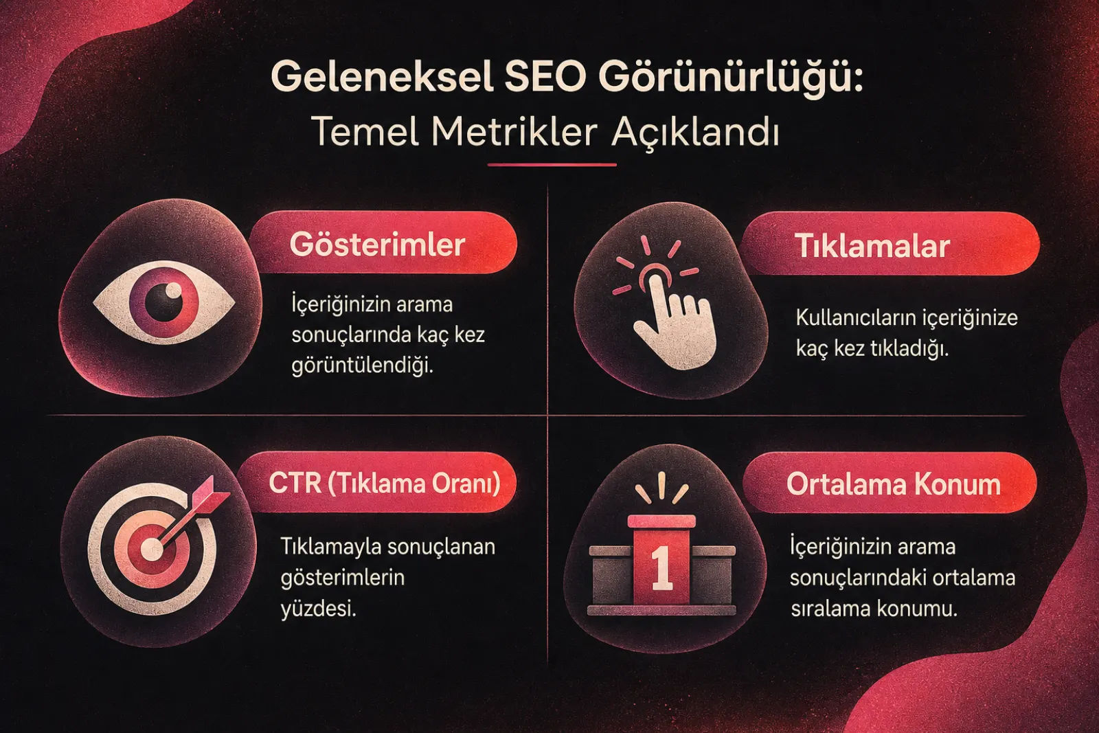 Geleneksel SEO görünürlüğü için dört temel metrik