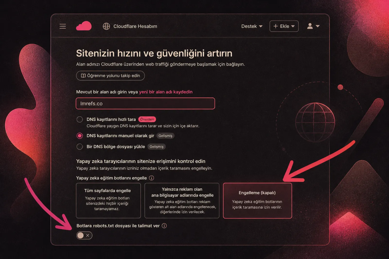 Cloudflare yeni alan adı yapay zeka bot ayarları