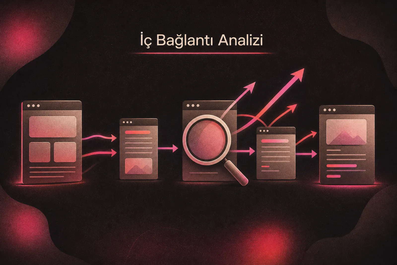İç link analizini gösteren web sayfası ve büyüteç illüstrasyonu