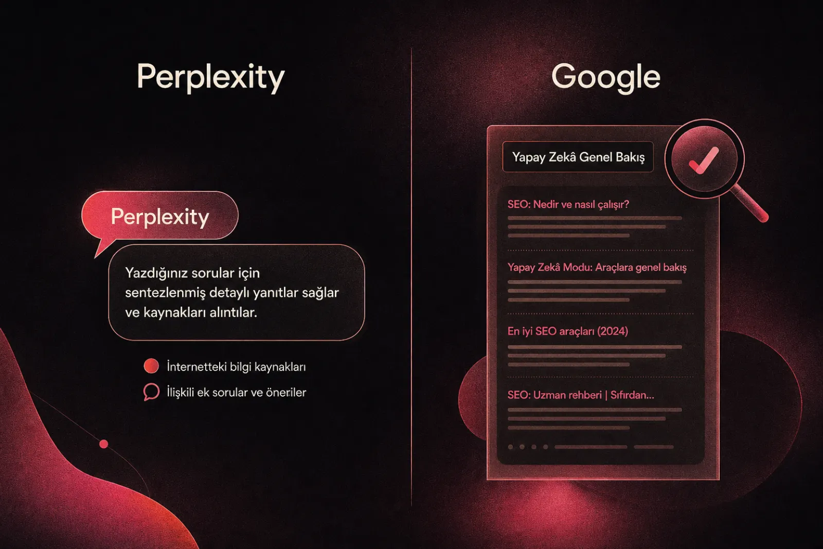 Perplexity ve Google AI Overview arama sonuçları kıyaslaması