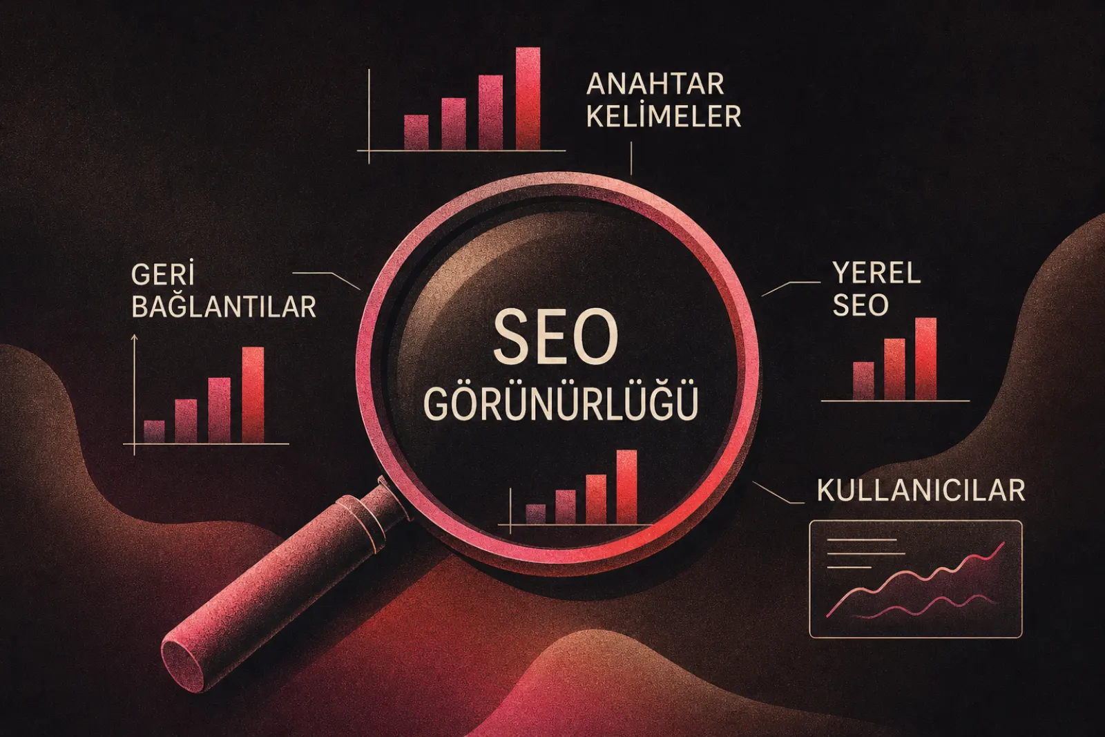 Veri ve grafiklerle çevrili SEO görünürlük analizi