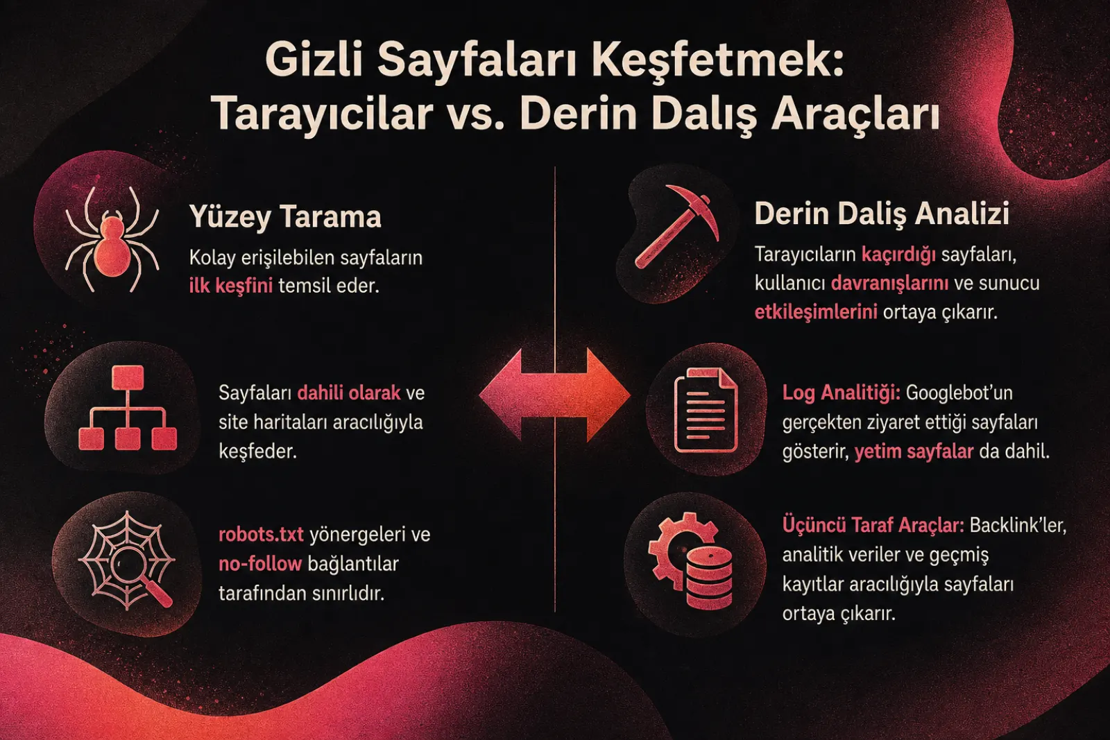 Yüzeysel web taraması ile derinlemesine analizi karşılaştıran infografik