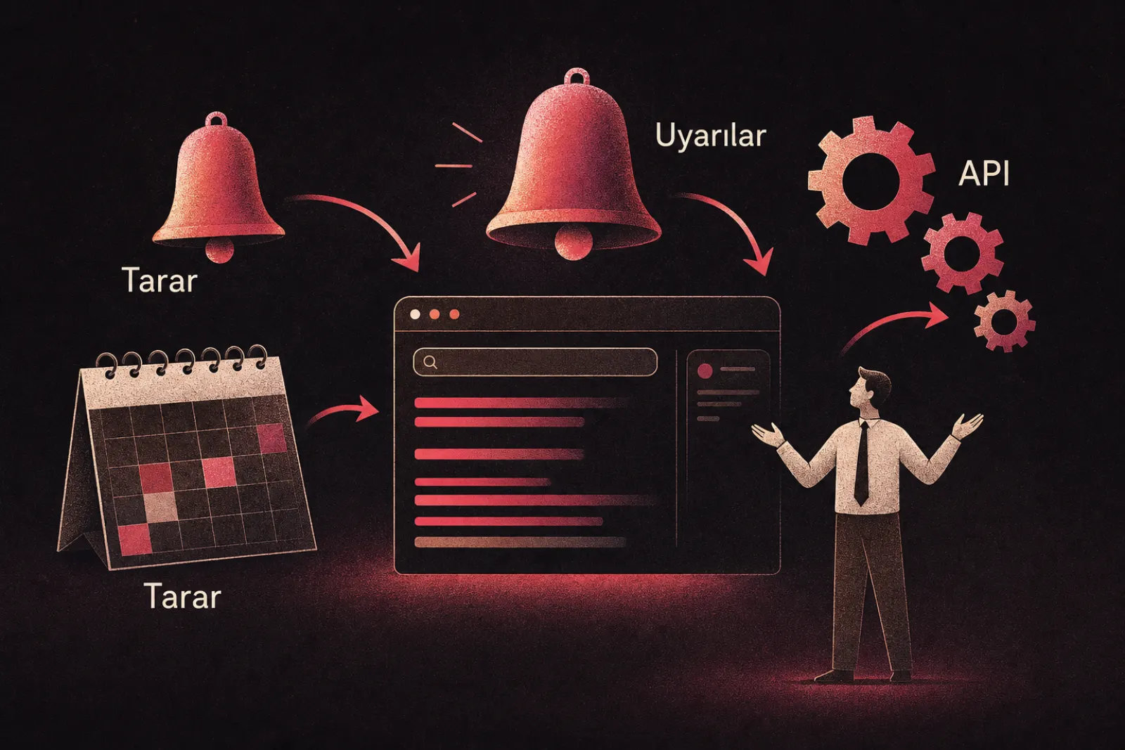 Otomatik web tarama, uyarı oluşturma ve SEO verilerinin izlenmesini gösteren şema