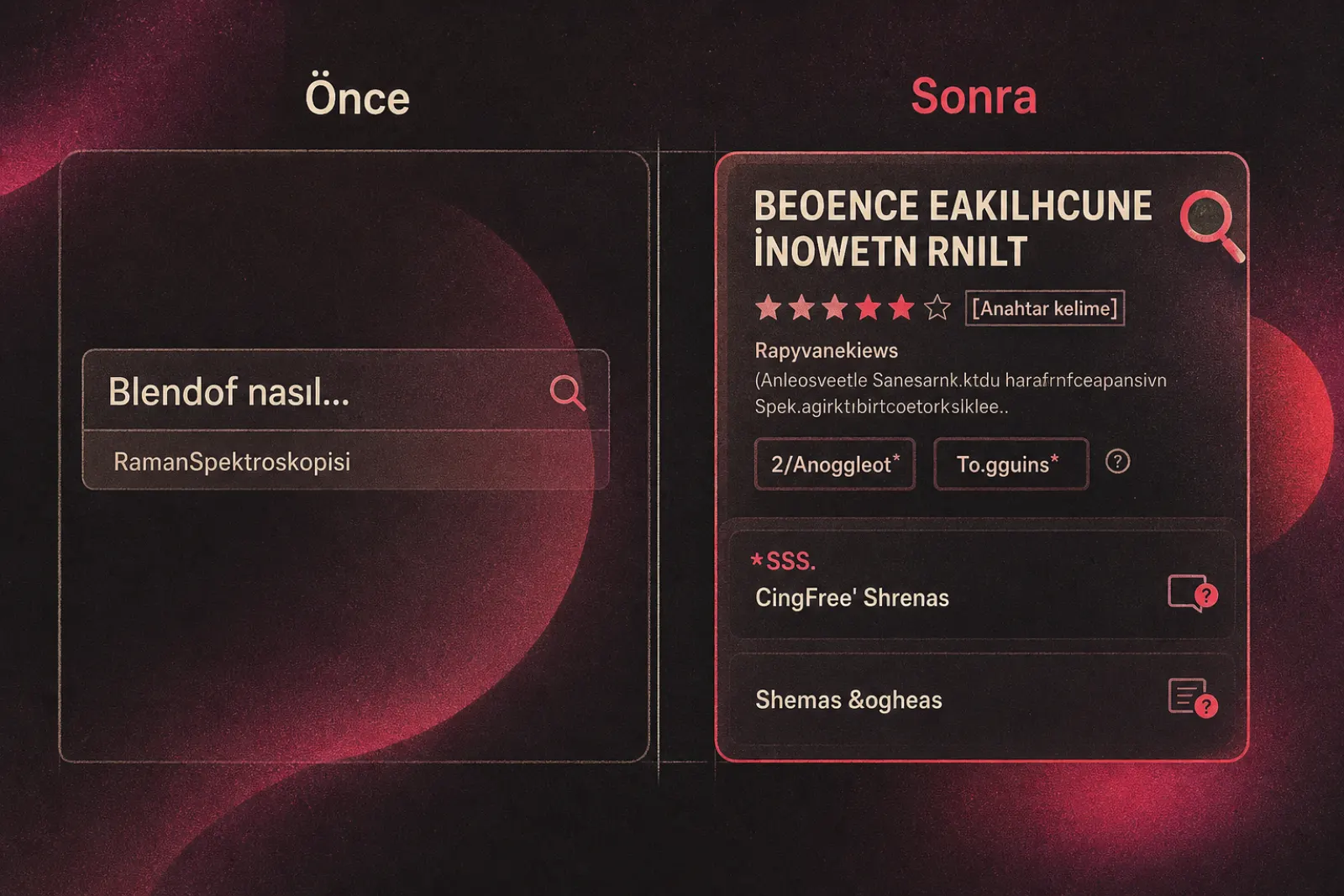 Arama sonuçlarında görünüm optimizasyonu öncesi ve sonrası