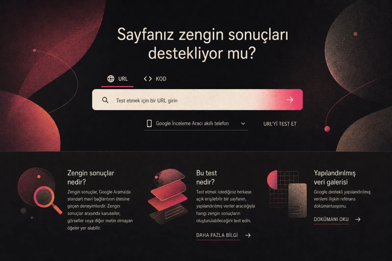 Google Zengin Sonuçlar Testi arayüzü ve sonuçları